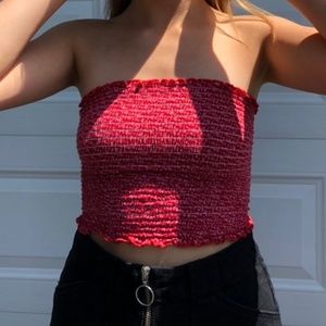 red and white smocked tube top